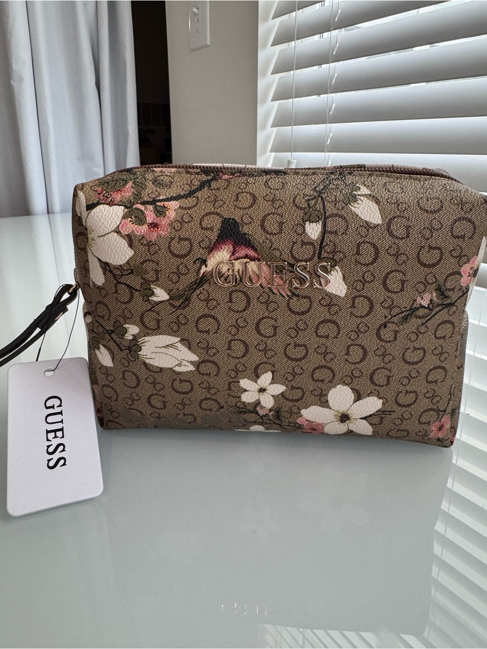 NWT GUESS Floral Logo Cosmetic Makeup Travel Toiletry Zip Up Bag Brown Pink